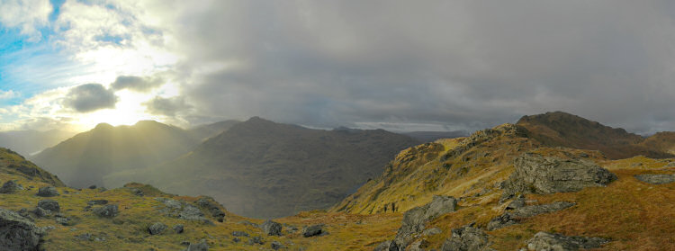 Picture of a view over hills against the low winter sun
